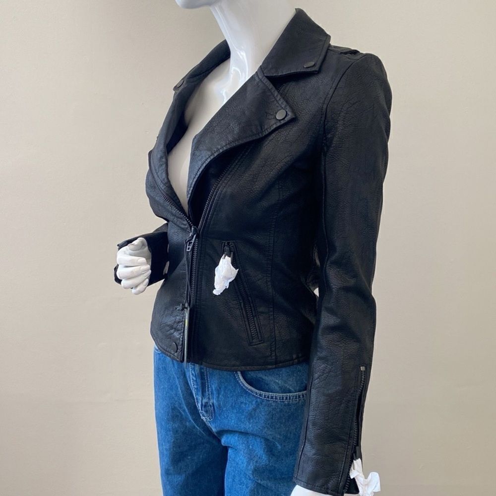 Blank NYC Onyx Black Faux Vegan Leather Biker Motorcycle Jacket w Black Hardware - Picture 5 of 11